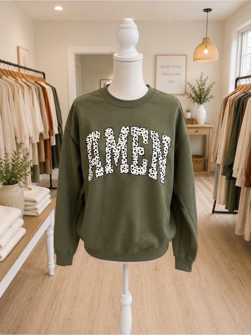 Golden “AMEN” Cow Print Graphic Sweatshirt Green Small NWOT Cotton Blend